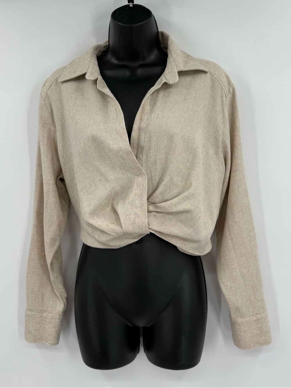 Zara Linen Blend Cropped Twist Front Collared Long Sleeve Shirt | Beige | Medium